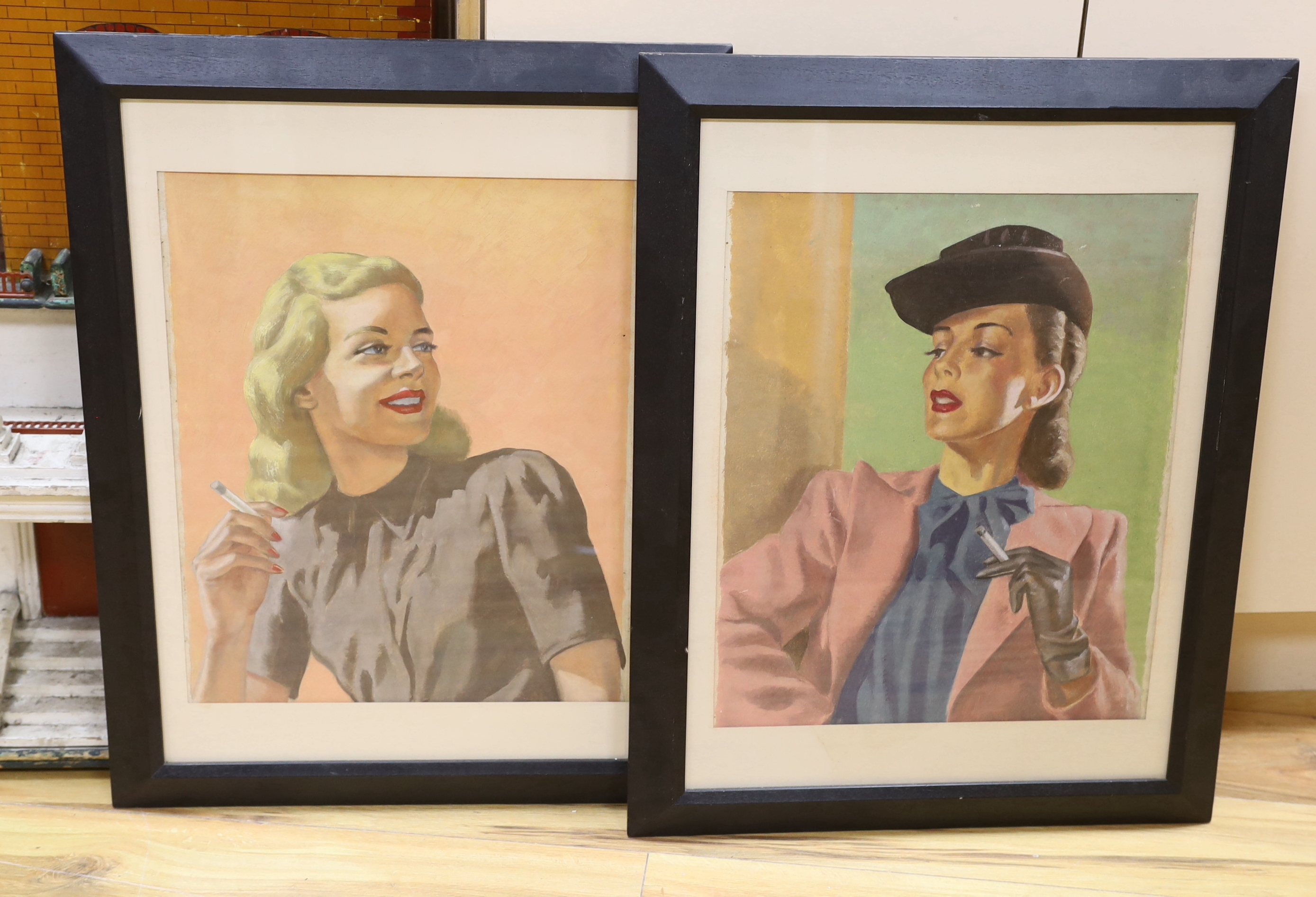 Two 1940/50's original magazine illustrations of women smoking, 48 x 39cm